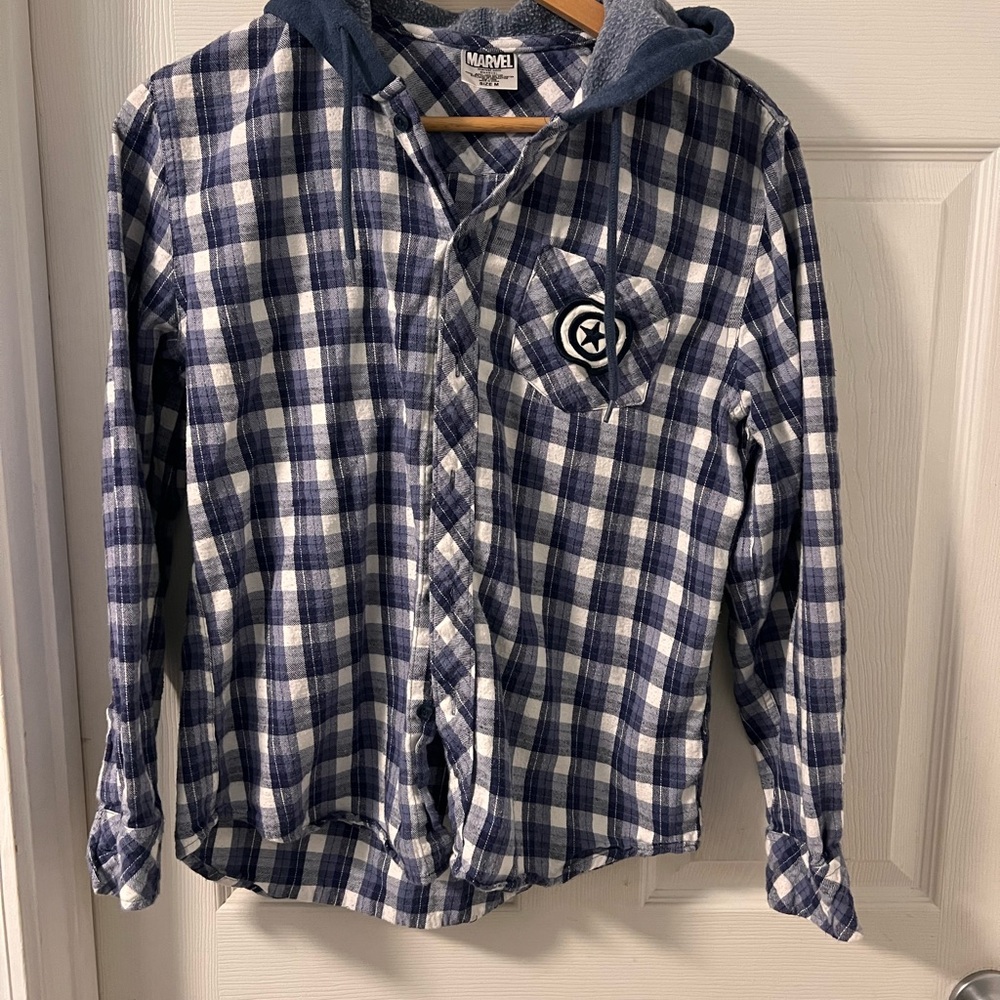 Marvel Blue and White Cotton hooded Shirt